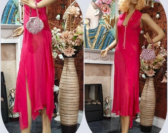 20's Flapper Dress Bias Cut Silk Dress, Drop Waist Cerise Flapper Size 10UK 6US