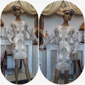 1920&#39;s Gatsby Flapper Dress Art Deco Sequin Bead Dress Size 12UK 8US