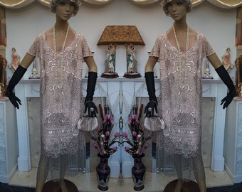 1920's Gatsby Flapper Dress Art Deco Sequin Bead Dress  Fringed Lace Flapper Dress Size 18UK 14US