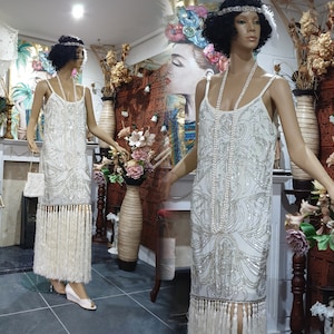 1920's Downton Abbey Sequin Evening Formal Dress, Embellished Wedding Tassel Dress, Great Gatsby Fringed Flapper Dress Size 12UK 8US