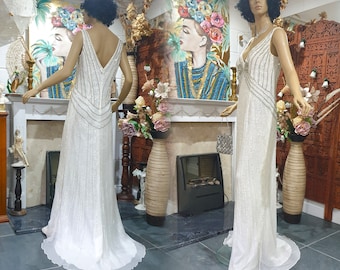 Vestido de novia de seda con adornos, estilo Downton Abbey de los años 30, corte sirena, talla 10 UK, 6 US