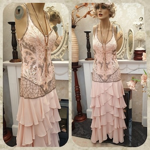 1930&#39;s Downton Abbey Evening Formal Beaded Evening Dress Dusty Pink Frilled Dress, Wedding Dress Sue Wong Evening Dress Size 6UK, 2US