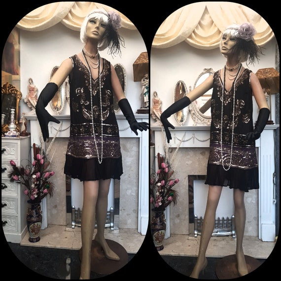 1920's Great Gatsby Flapper Vintage Black Dress S… - image 1