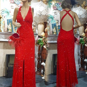30's Downton Abbey Glamorous Evening Gown, Red Embellished Romantic Dress, Sequinned Flapper Size 12UK, 8USA image 1