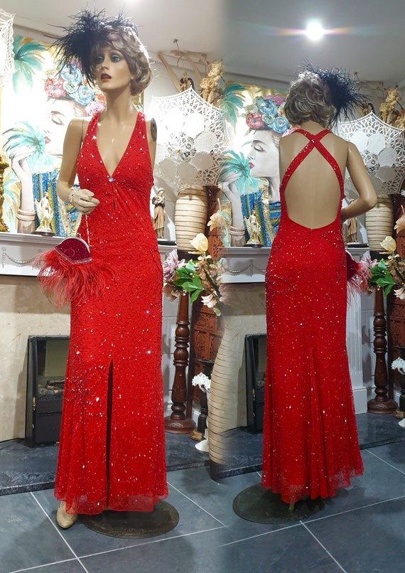 30 s Downton Abbey Glamorous Evening Gown Red Embellished Romantic Dress Sequinned Flapper Size 12UK 8USA
