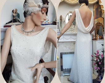 Vestido de noche formal estilo años 30 de Downton Abbey, corte al bies, vestido de novia con cuentas, talla 16 (Reino Unido) / 12 (EE. UU.)