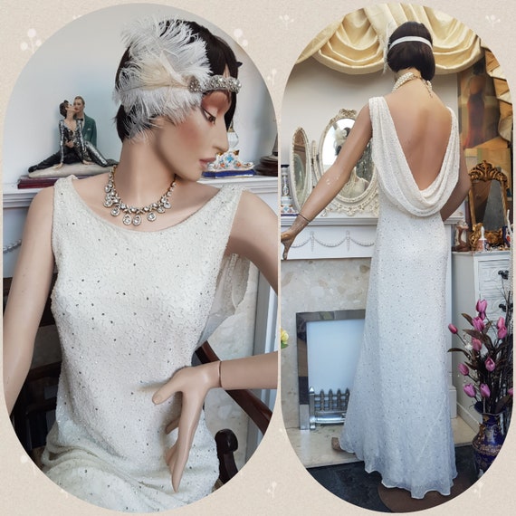 1930's Downton Abbey Evening Formal Gown Bias Cut Beaded Wedding Dress Size 16UK 12US