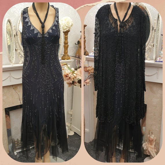 Art Deco Beaded Flapper Dress 20's Black Mesh Flap