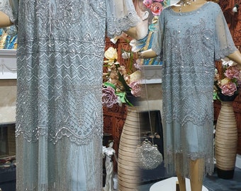 Grey Flapper Dress Art Deco Embellished Dress 1920's, Vintage Beaded Flapper Dress Size 24UK 20US