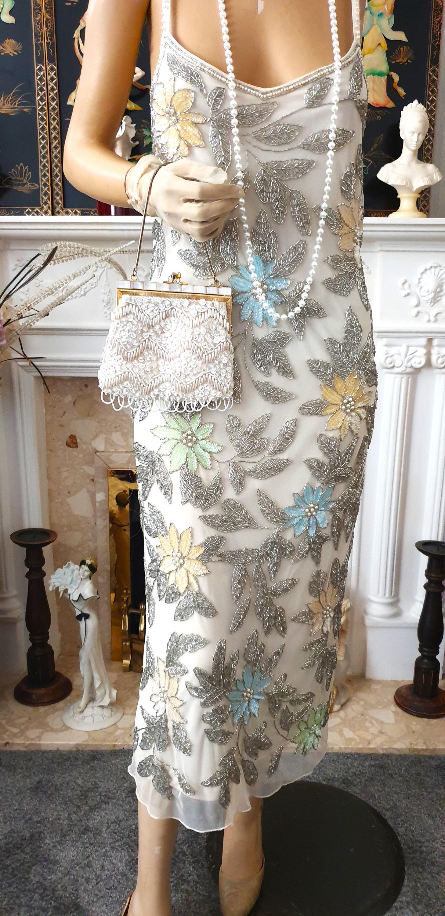 Vintage Beaded Flapper Dress, 1920s Ivory Evening Dress with Pastel Floral Beading, Low Back Art Deco Dress, Great Gatsby Dress 12UK 8US