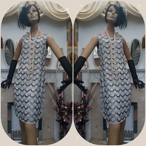 1920's Flapper Dress, Evening Dress Heavily Beaded Grey Semi Sheer Size 10UK 6US