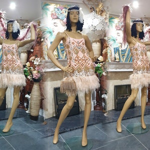 1920&#39;s dress Great Gatsby Flapper Dress, Salmon Pink Embellished Dress, Great Gatsby Ostrich Feather Dress, Size 8UK  4US