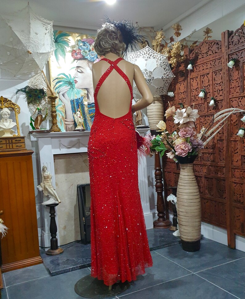 30's Downton Abbey Glamorous Evening Gown, Red Embellished Romantic Dress, Sequinned Flapper Size 12UK, 8USA image 9