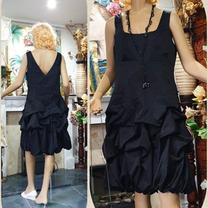 Black Satin Bubble Dress, Puffball Cocktail Dress, Ruffled Ball Gown, 50&#39;s Ball Gown, Size 16UK 12US