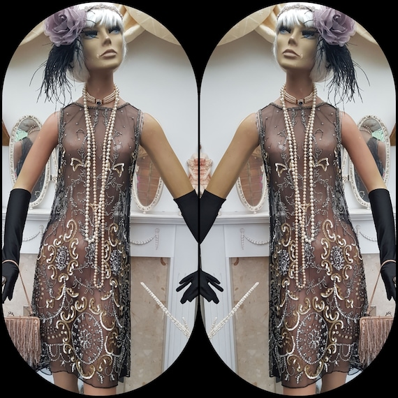 1920's Gatsby Flapper Dress Art Deco Sequin Bead D