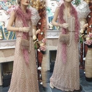 Embellished Overlay Gown Champagne Sand Beaded Mesh Illusion Long Gown Dress Old Hollywood Sequined Evening Dress 1920s 1930s Dress 10UK 6US