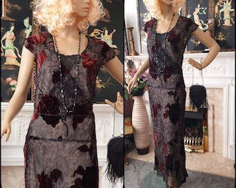 Sukienka wieczorowa z aksamitu Burnout Velvet w kolorze róży w stylu vintage – prześwitująca koronka, rozmiar UK10, US6