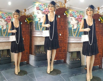 20's Beaded Flapper Dress, Black Embellished Drop Waist Flapper, Art Deco Flapper Dress, Size 10UK, 6USA