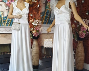 Weiß Satin Brautkleid, Perlen griechische Göttin Kleid, Empire-Taille Kleid Größe 12UK, 8US