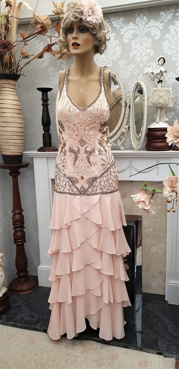1930 s Downton Abbey Evening Formal Beaded Evening Dress Dusty Pink Frilled Dress Wedding Dress Sue Wong Evening Dress Size 6UK 2US