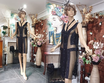 1920&#39;s Great Gatsby Sheer Flapper Dress, Beaded Flapper Dress Size 10UK, 6US