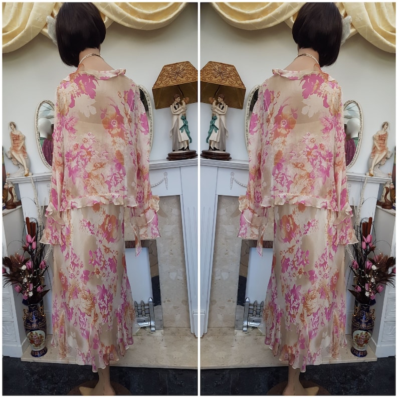 1930'S Downton Abbey Floral Silk Dress Bias Cut Evening Cocktail Dress Size 14UK 10US image 6