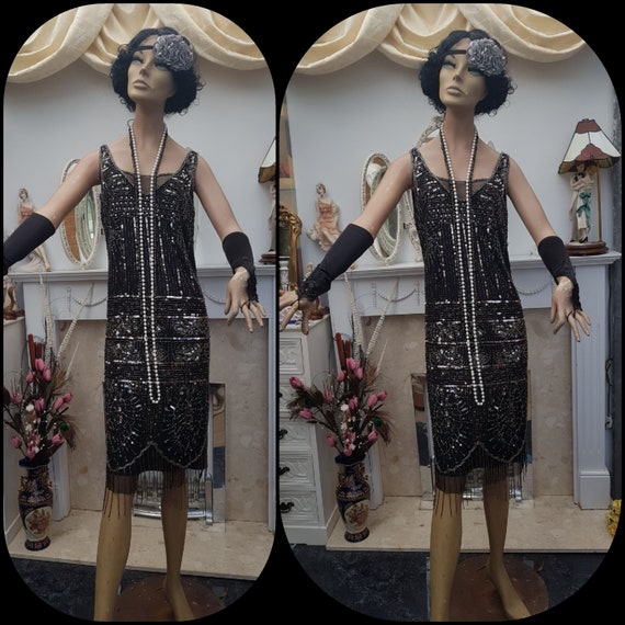 1920's Great Gatsby Beaded Sequin Flapper Dress Si