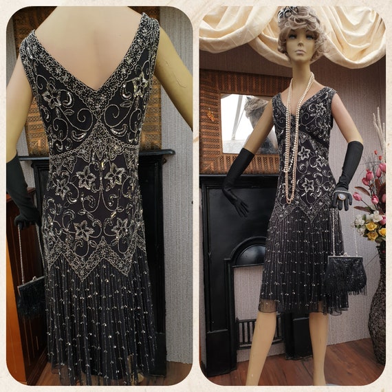 1920's Luxury Vintage Gatsby Beaded Slip Dress - The Fontaine - Black