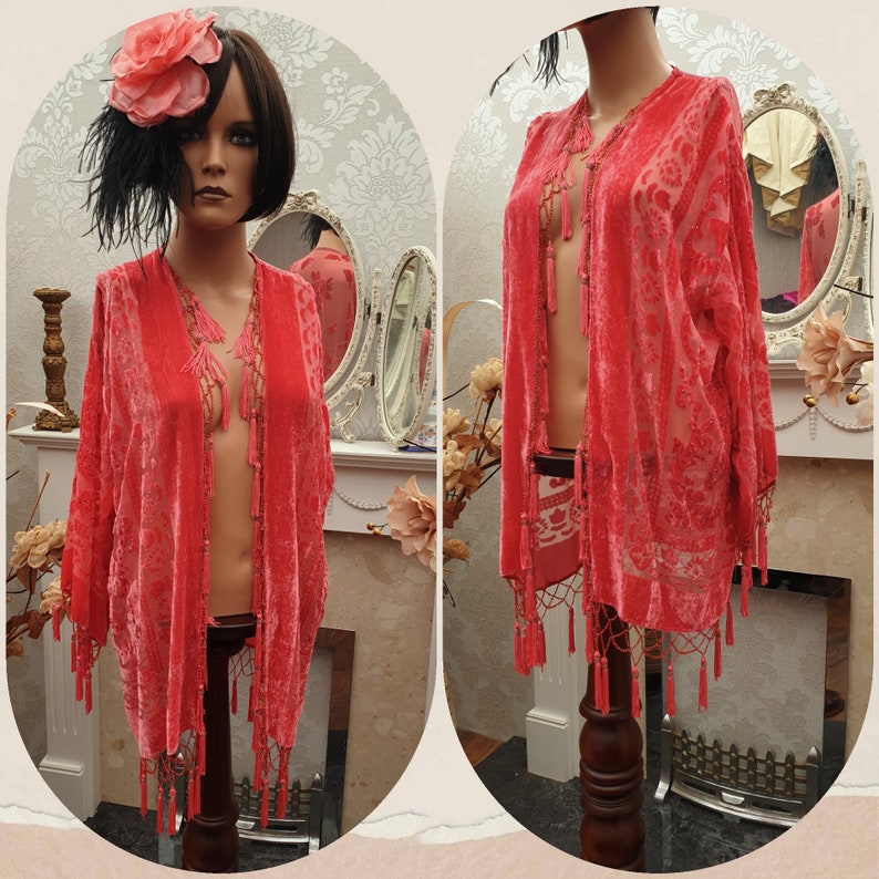 Salmon Coral Kimono Fringe Jacket Silk Burnout Velvet Short Etsy