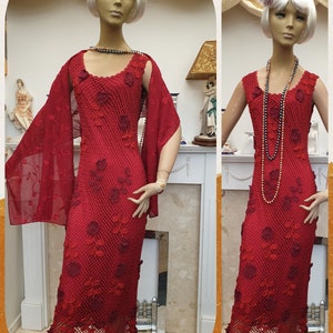 20&#39;s 30s Flapper Dress Vintage Crochet Evening Dress 3D Roses Crochet Cocktail Dress Size 12UK 8US
