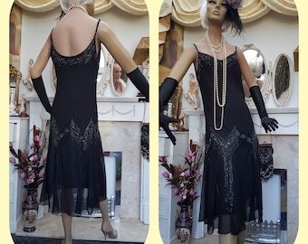 Abito stile flapper Gatsby degli anni '20 Charleston con perline e vita abbassata, taglia 12UK 8US