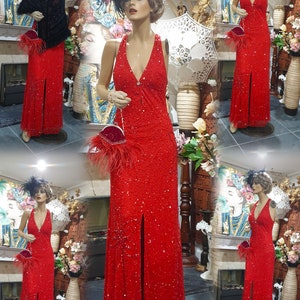 30's Downton Abbey Glamorous Evening Gown, Red Embellished Romantic Dress, Sequinned Flapper Size 12UK, 8USA image 4
