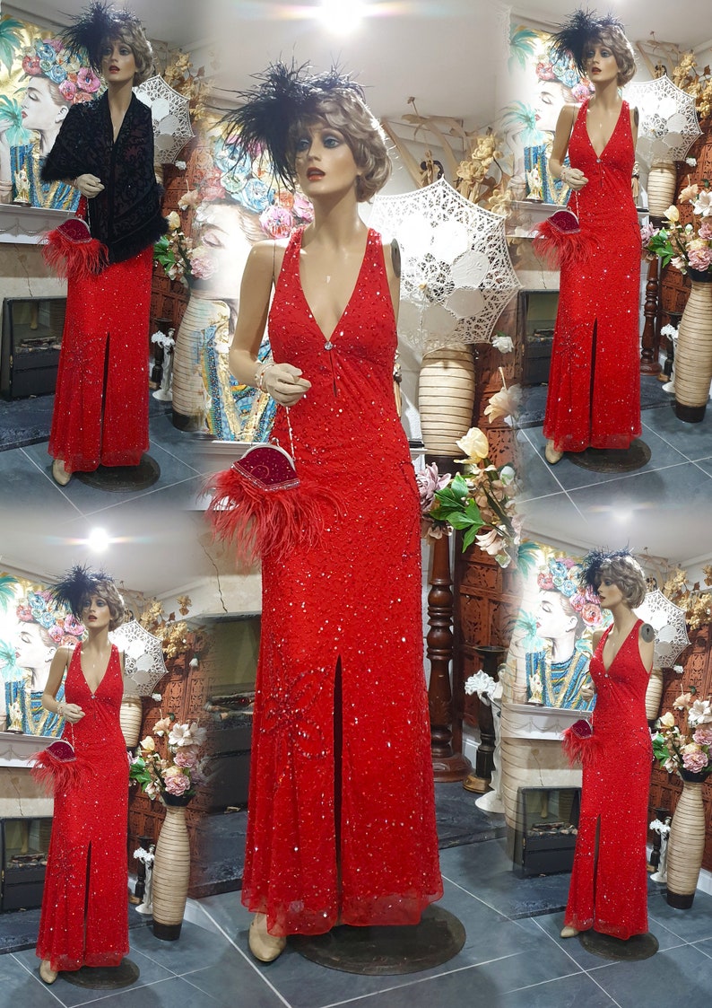 30's Downton Abbey Glamorous Evening Gown, Red Embellished Romantic Dress, Sequinned Flapper Size 12UK, 8USA image 4