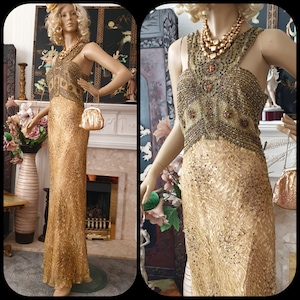 Vintage Gold Beaded Evening Gown with Shawl, Old Hollywood Glamour Gown Size 12UK, 8US