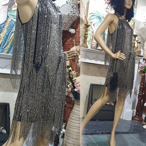 20&#39;s Great Gatsby Beaded Flapper, Downton Abbey Fringed Dress, 20&#39;s Beaded Tassel Charleston Dress, Black & Silver Evening Dress 10UK 6US