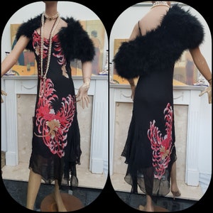 1930's Evening Black Lothus Evening Gown Dress Bias Cut Flapper Dress Size UK 12 US 8