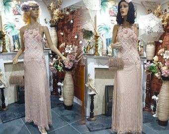 1930's Downton Abbey Evening Formal Gown, Art Deco Beaded Net Sheer Evening Dress, Blush Wedding Dress, Size 6UK 2US
