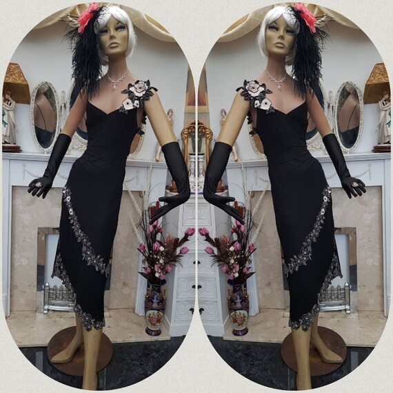 1920's Downton Abbey Embroidered Black Silk Evenin