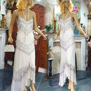 1920&#39;s Gatsby Flapper Dress Art Deco Sequin Bead Dress Downton Abbey Ivory Silk Dress, Wedding Dress Size 12UK 8US