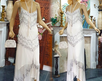 1920's Gatsby Flapper Dress Art Deco Sequin Bead Dress Downton Abbey Ivory Silk Dress, Wedding Dress Size 12UK 8US