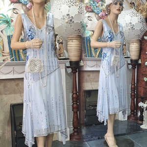 Blue Embroidered Flapper Dress Bias Cut Sequin Dress 1920's Style Drop Waist Gathered Dress Gatsby Flapper Size 14UK 10US