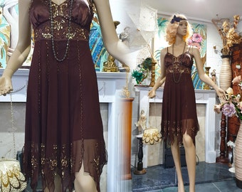 1920's Great Gatsby Flapper Dress, Silk Beaded Flapper,  Chocolate Brown Copper Embellished Dress Size 10UK 6US