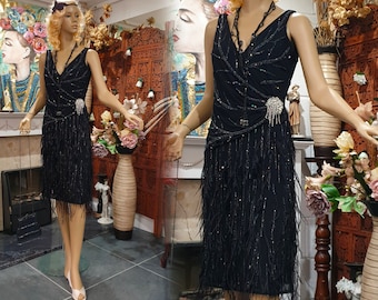 Vintage Flapper Dress, Ostrich Feather Black Beaded Dress, Sparkly 20s Fringe Flapper Size 12UK, 8US