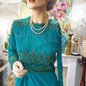 Vintage Green Beaded Sequin Upper Wrap Slit Long Evening Dress, Size 8UK, 4US
