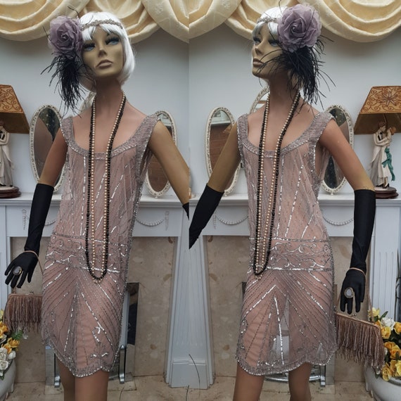 1920' Flapper Dress Beaded Nude Mesh Flapper Dress