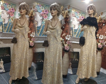 Golden Silk Evening Dress, Bias Cut Silk Devore Dress, Cowl Neck Dress, Size 14UK, 10US