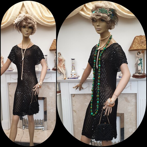 1920's Flapper Dress Black Sequined Crochet Dress… - image 9