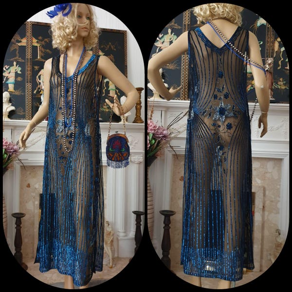 30's Downton Abbey Evening Dress, Art Deco Deep Blue Beaded Flapper, 20s Gatsby Flapper Dress Size UK 12, US 8