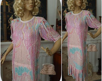 Rene Derhy Paris Vintage Silk Beaded Dress, 80s Pink & Aqua Art Deco Flapper, Hand Beaded Silk Dress, French Evening Dress, 10-12UK, 6-8 US