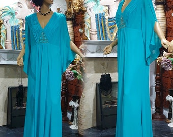 Vestido de noche turquesa vintage, vestido de Frank Usher de los años 80, manga acampanada, cuello vuelto, talla 18 UK, 14 US